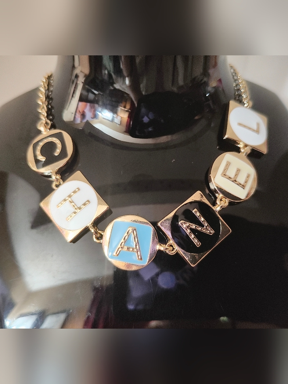 Gold Tone Multicolor Enamel CC Letter Necklace - Picture 5 of 6